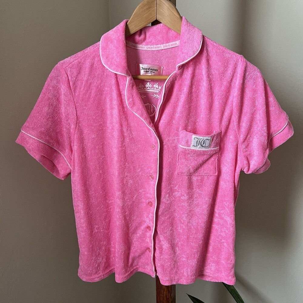 JUICY COUTURE Pink Velour Pajama Top Shirt Women's Large Sleepwear Terry Cloth